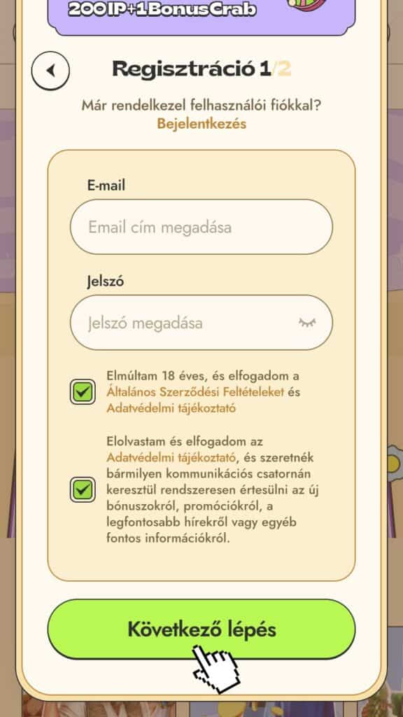 E-mail–jelszó páros megadása