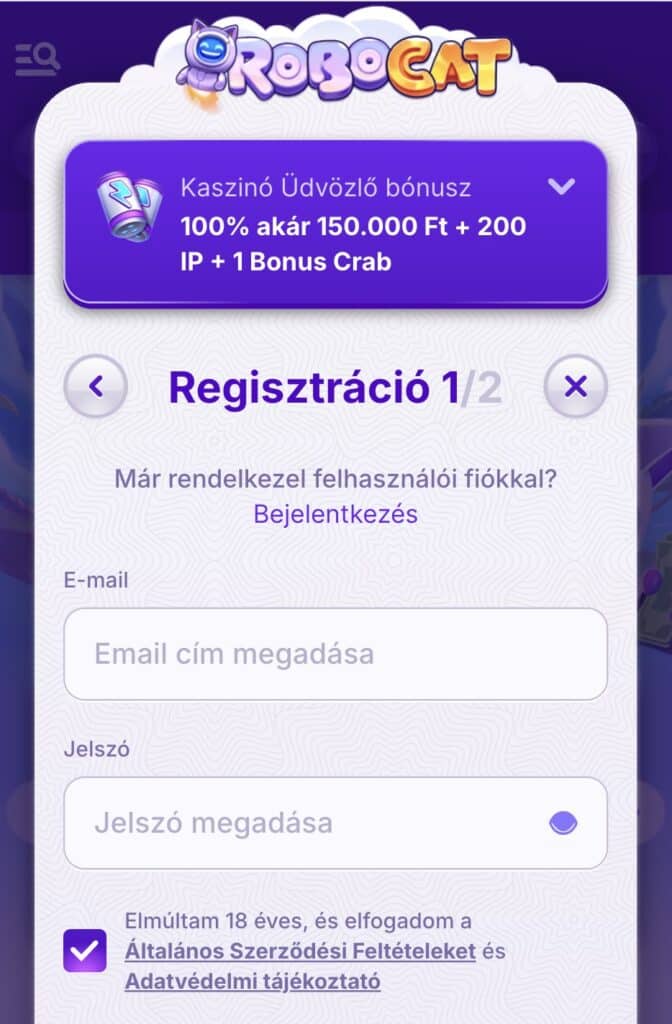 E-mail/jelszó páros megadása