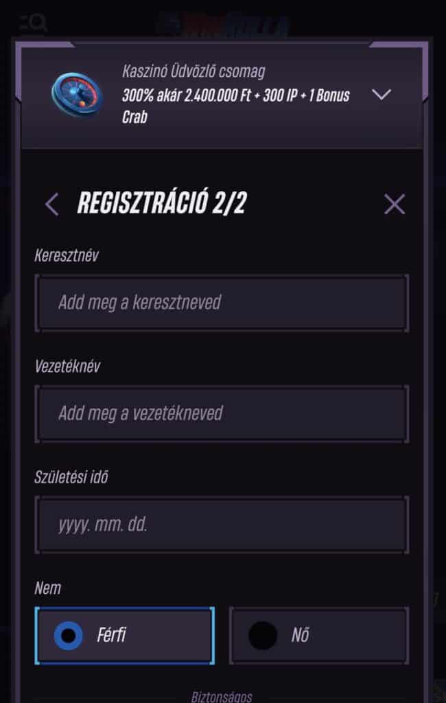 Személyes adatok megadása