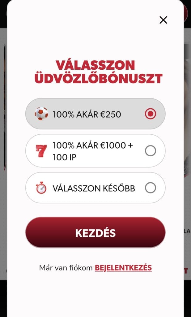 Üdvözlő bónusz. 