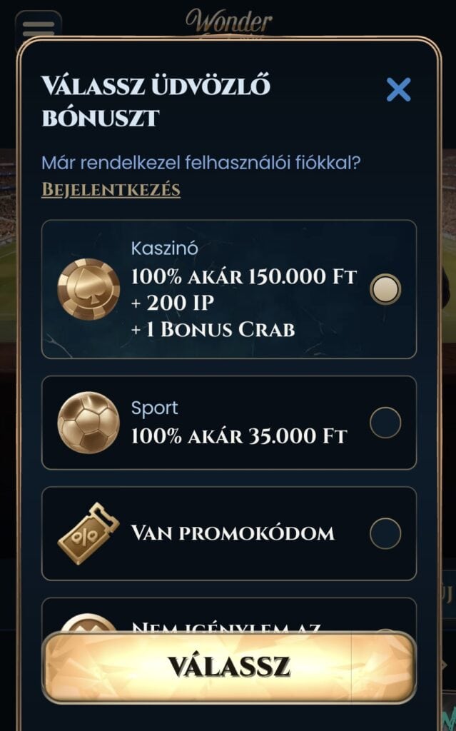 Üdvözlő bónusz. 