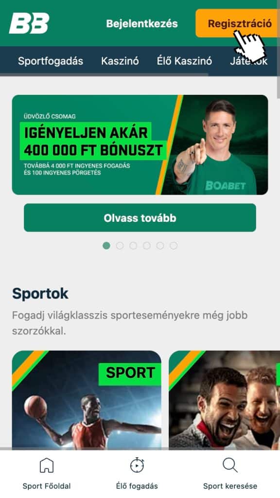 A regisztráció elindítása