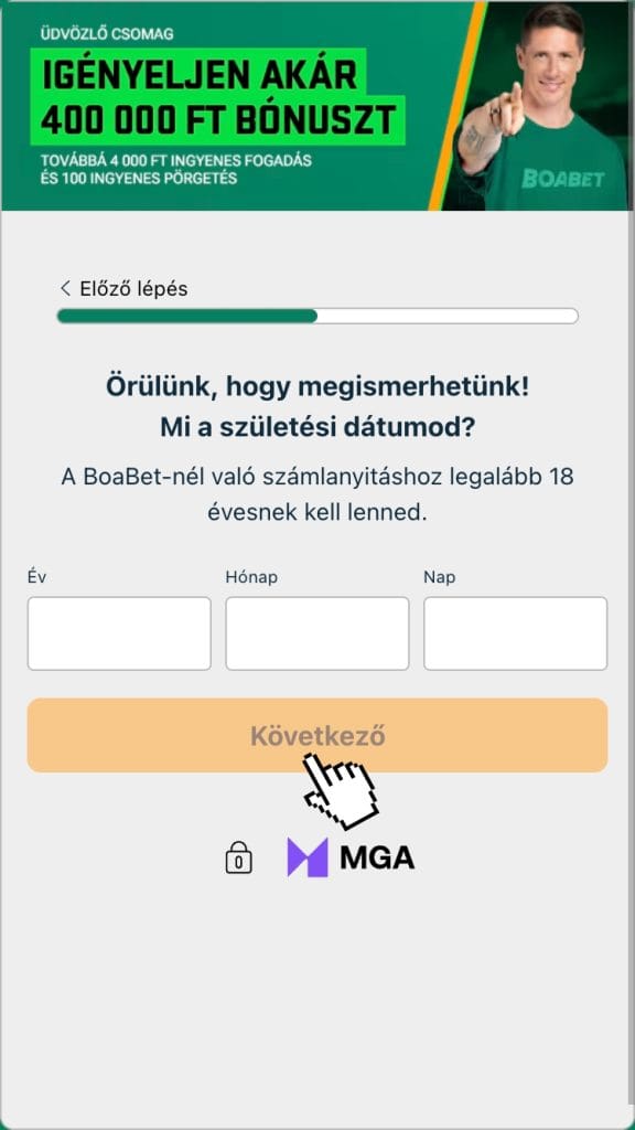 Születési dátum megadása