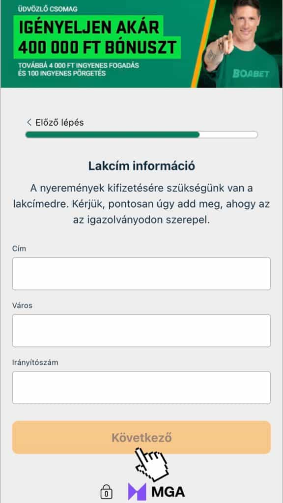 Lakcím megadása és regisztráció befejezése