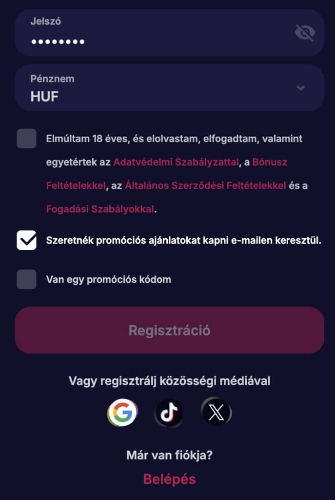 NV Casino promóciós kód megadása