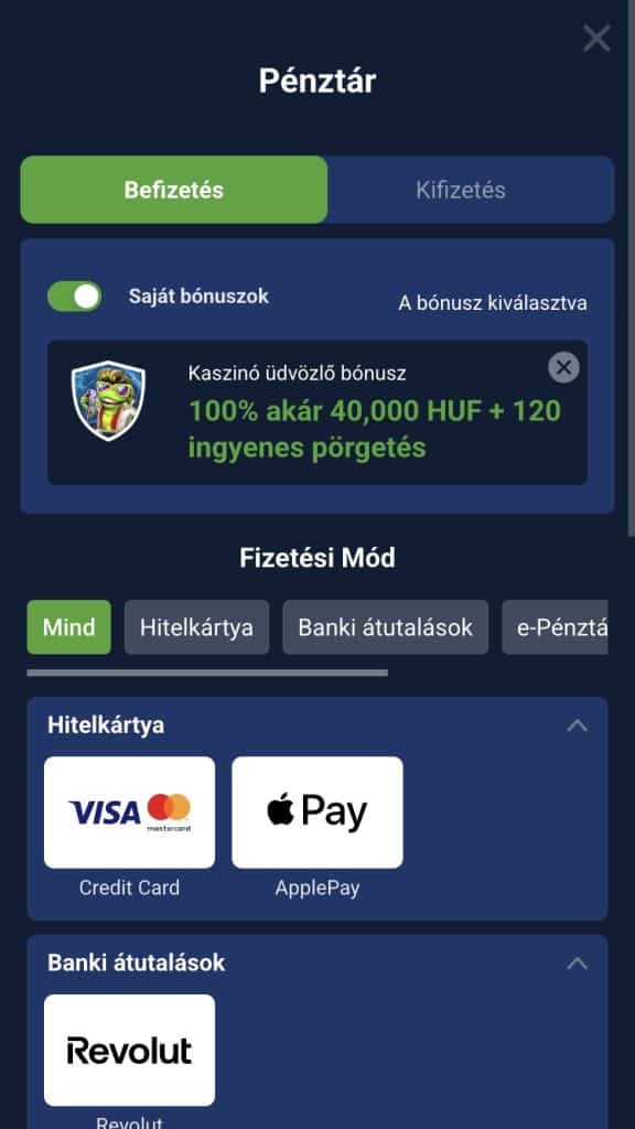 Befizetés a játékosszámlára