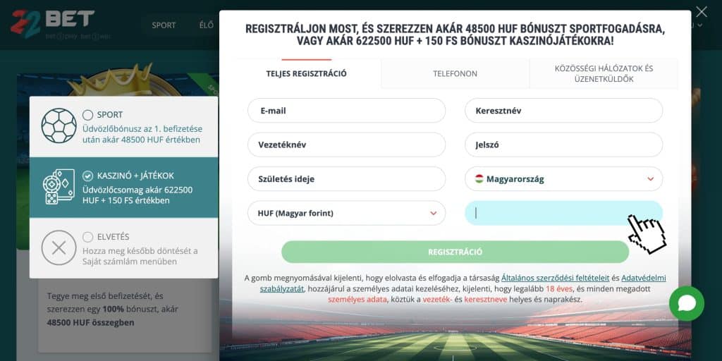 A 22Bet promo code bepötyögése