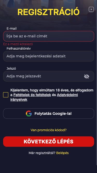 Bejelentkezési adatok megadása