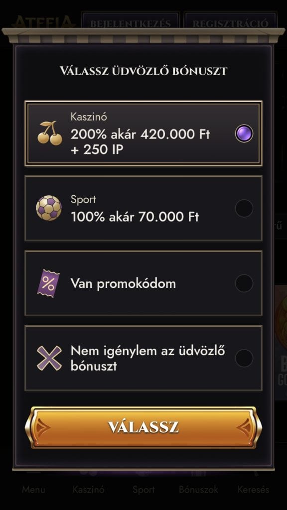 Válaszd ki a bónuszt és add meg a fiókadatokat: 